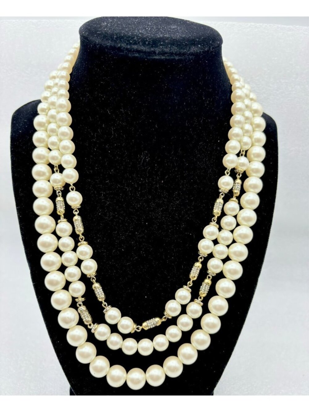 90s Ann Taylor 3-strand Pearl Necklace-Gold Tone Rhinestone Spacer Signed - Picture 1 of 5